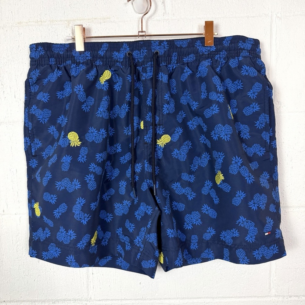 Tommy Hilfiger Men's Swim Trunks Blue Yellow Pineapples Tropical Resort Beach XL